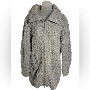 SAOL Ireland Long Tradition Cable Knit Zip Merino Wool Coat Cardigan Sma…